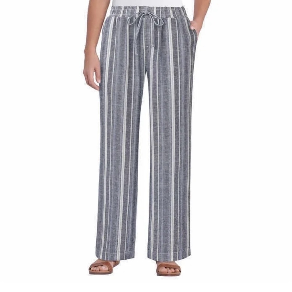 BRIGGS Womens Linen Blend Pull Up Pants Wide Leg Casual Gray Stripe Size M